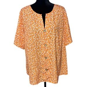 🌹SHEIN - Orange & White Floral Top with Wooden Button Details - Size 3X